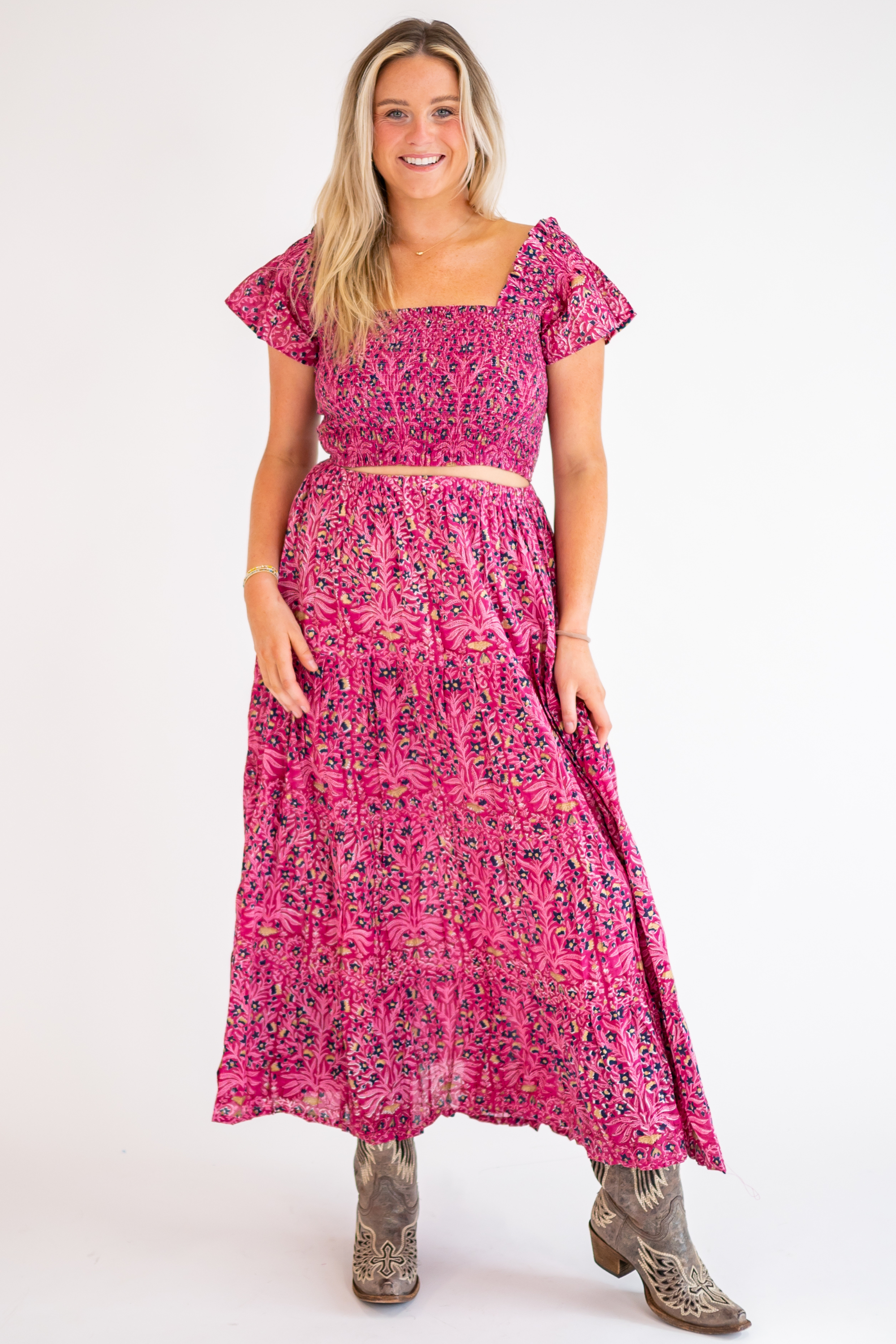 Grace Blockprint Maxi Skirt - Magenta Blossom