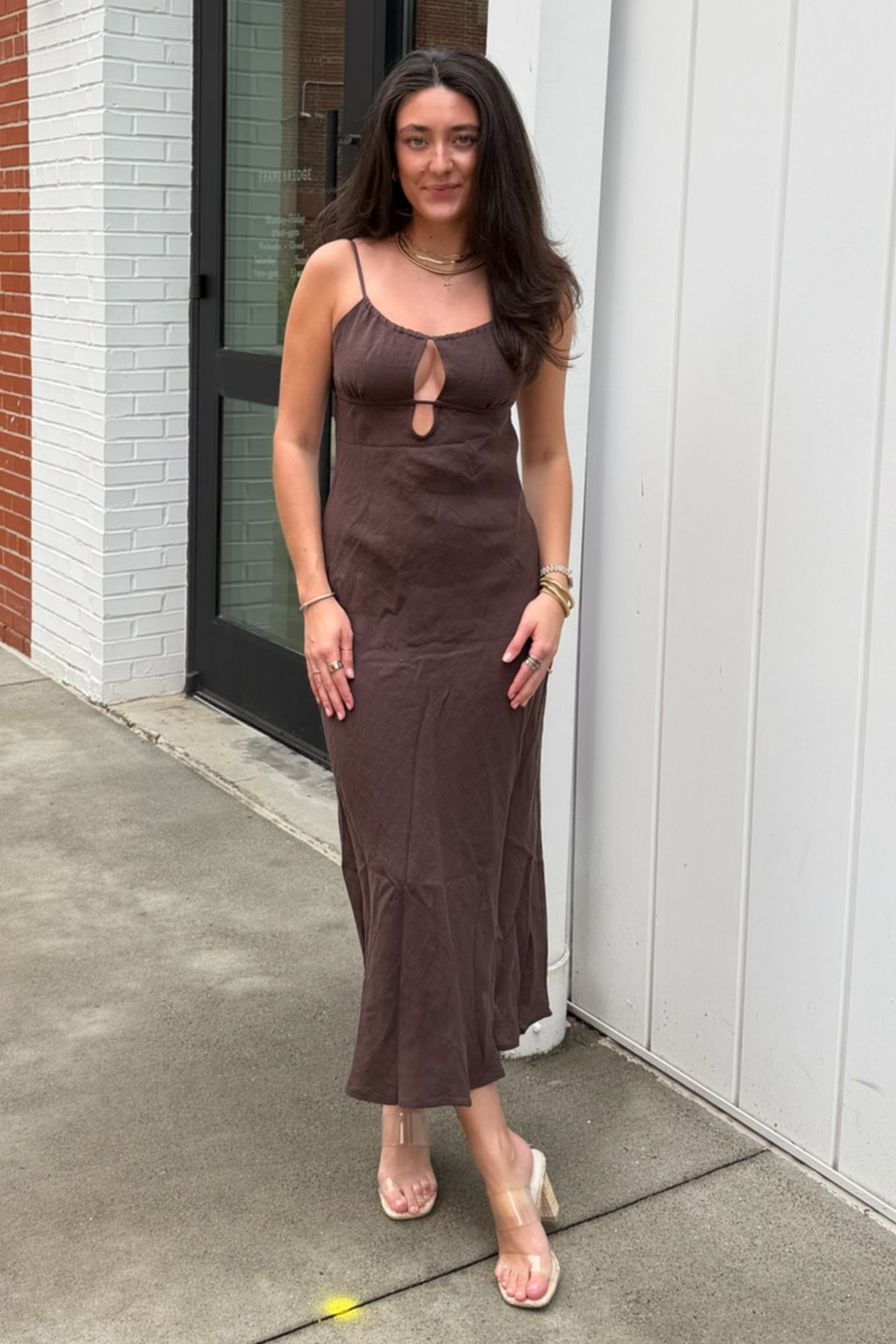 midi dresses brown Brown Cutout Midi Dress | Womens | Medium (Available in XXS, L, XL) | 100% Polyester
