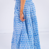 Britt Smocked Midi Skirt - Bulb Trellis Bright Blue