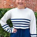 Noa Striped Crop Sweater - White/Navy