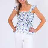 Tate Smocked Peplum Top - Seashells Cornflower