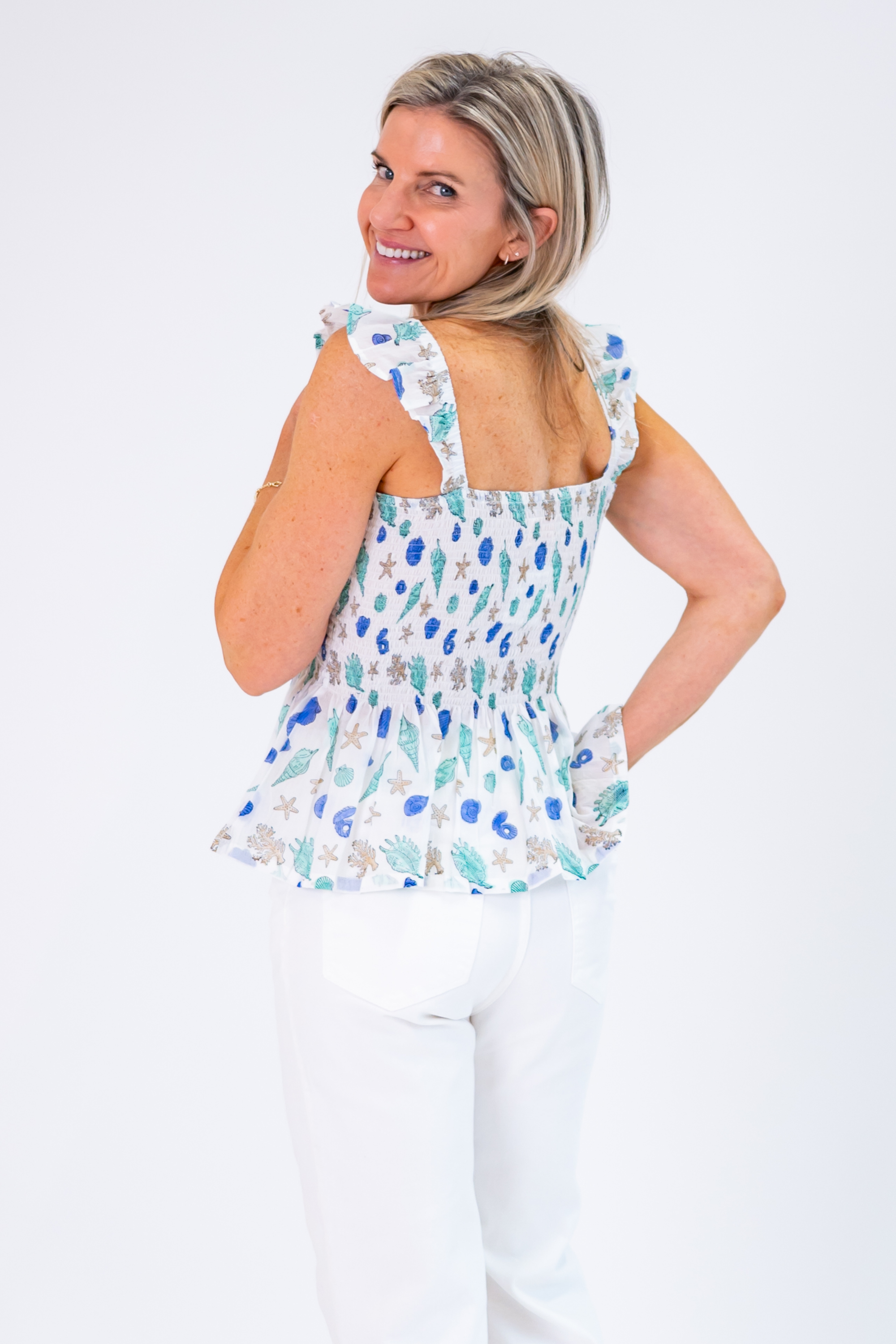 Tate Smocked Peplum Top - Seashells Cornflower