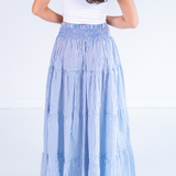 Lucy Smocked Maxi Skirt - Mini Stripe Cornflower