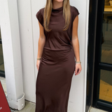 Brit Silky Ruched Maxi Dress - Chocolate