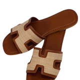 Raffia Slide Sandals - Chestnut