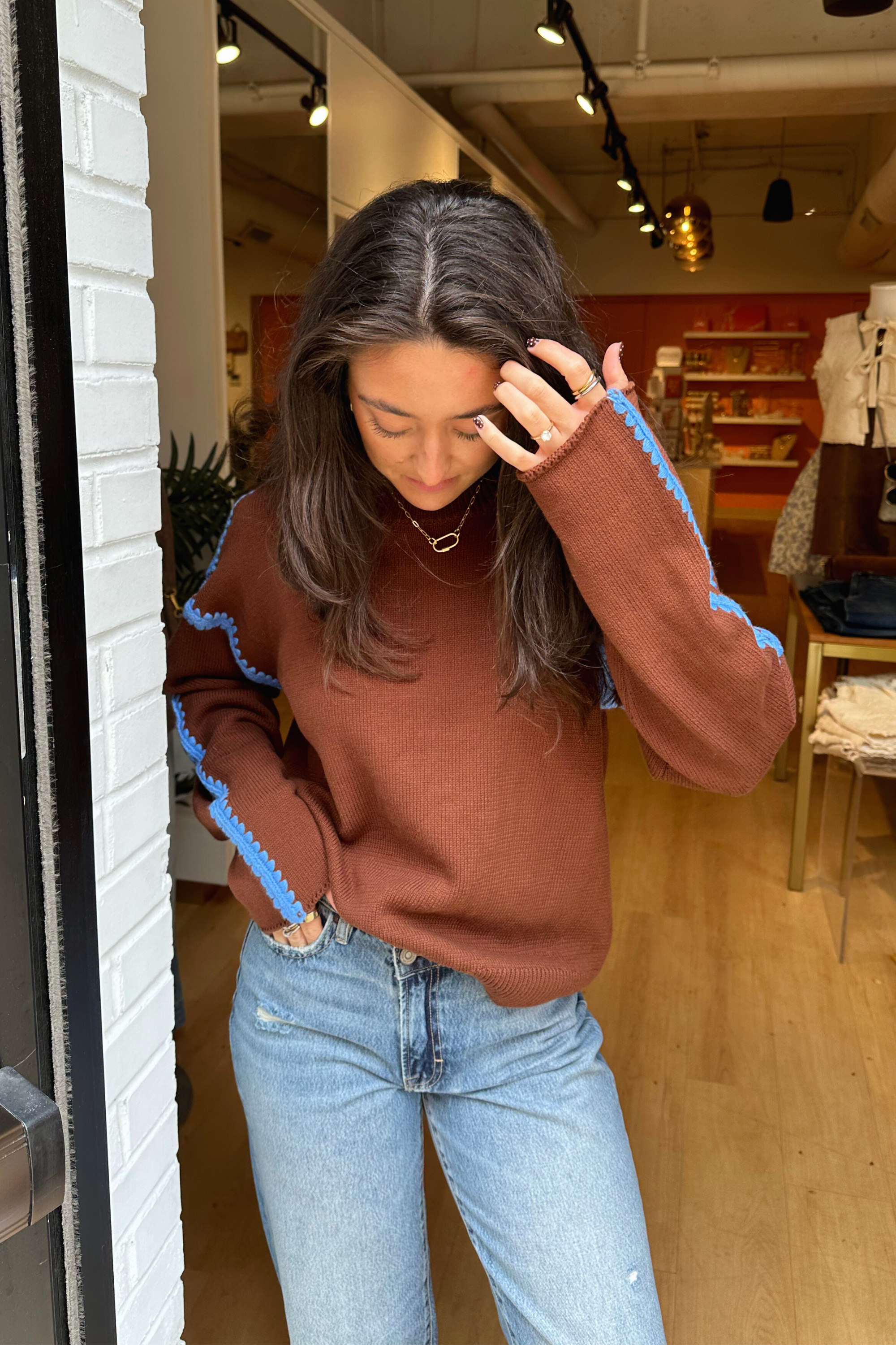 Connie Contrast Sweater - Brown/Blue