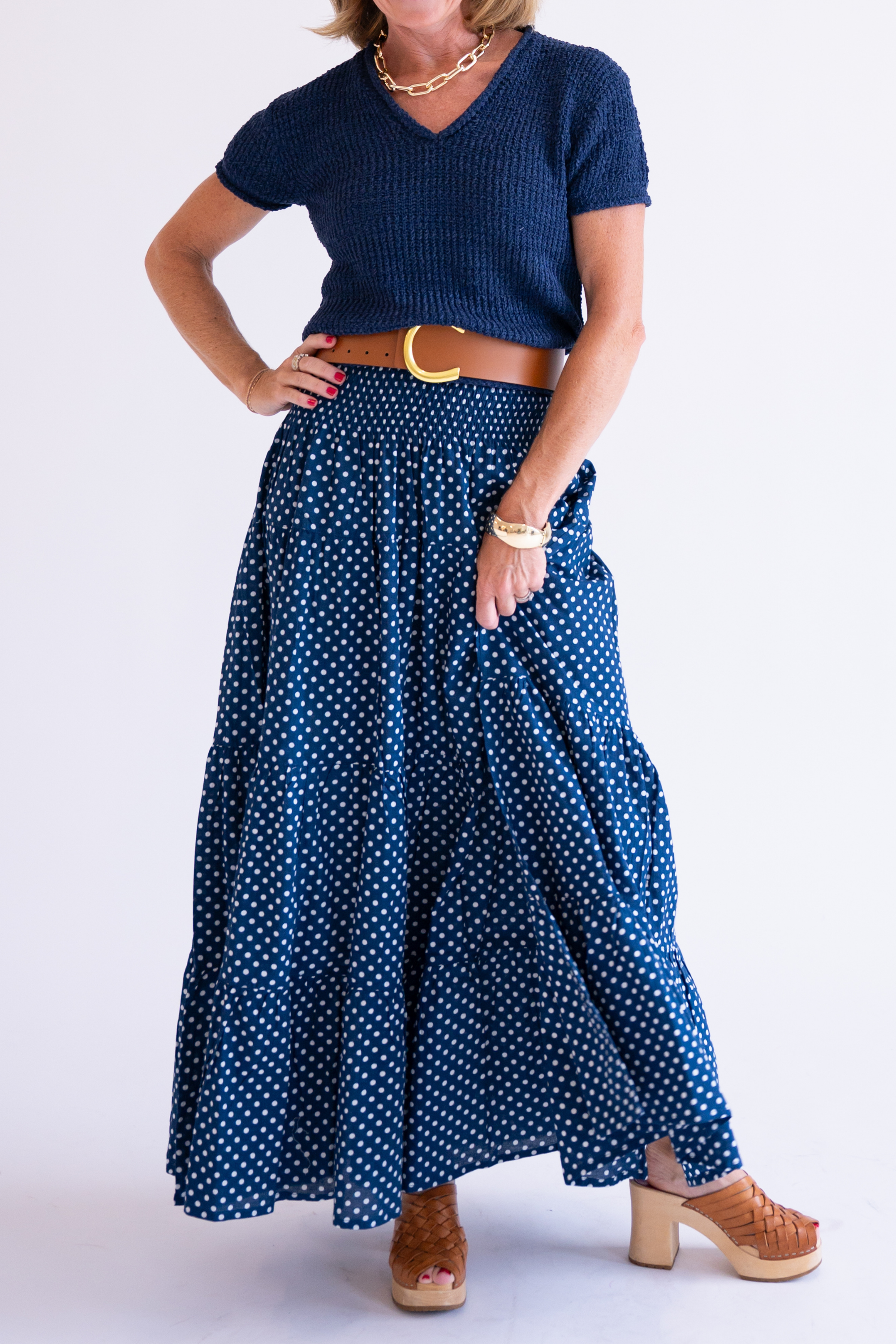Britt Fall Smocked Maxi Skirt - Mini Dot Navy