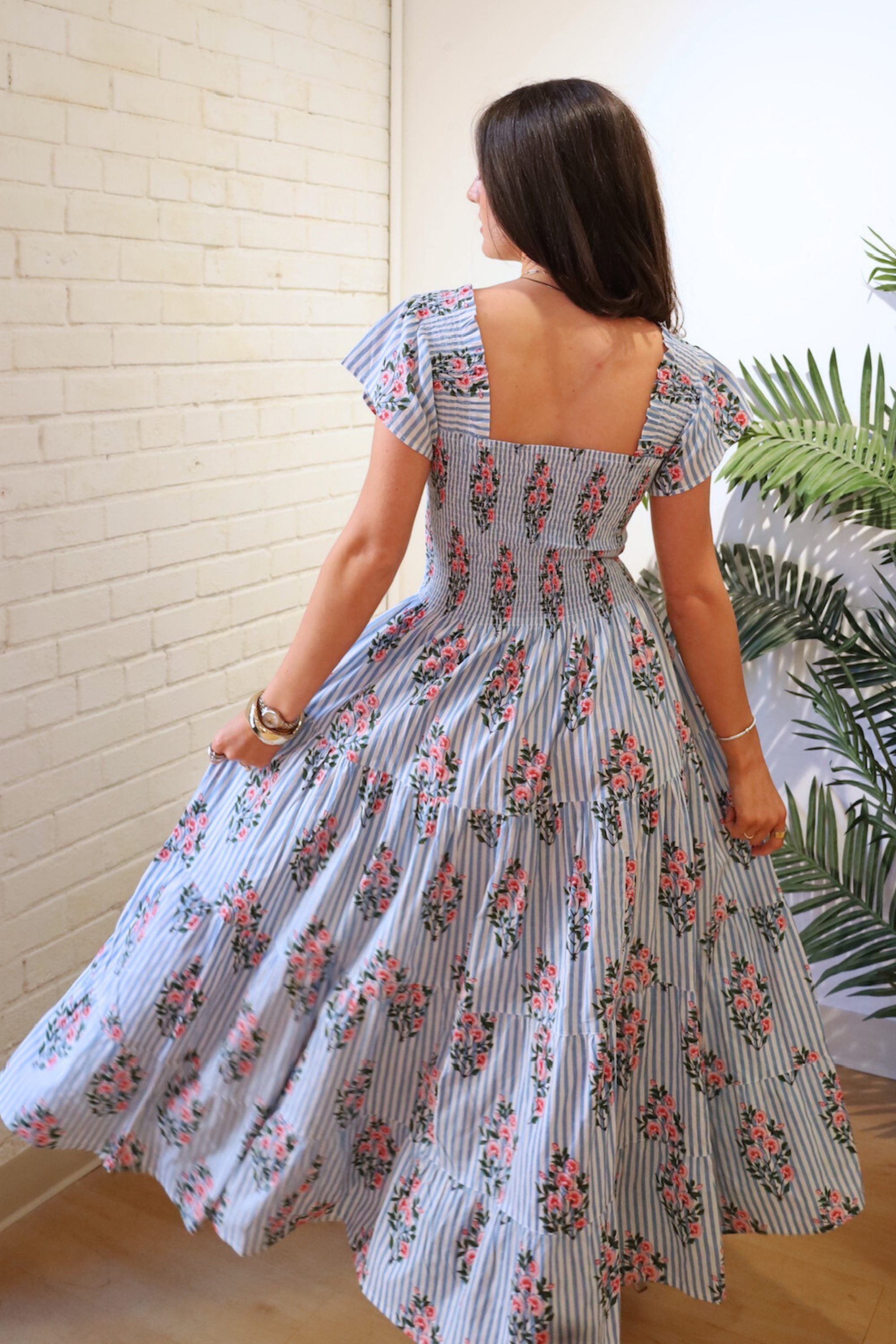 Lil Smocked Maxi Dress - Mini Stripe Floral Light Blue