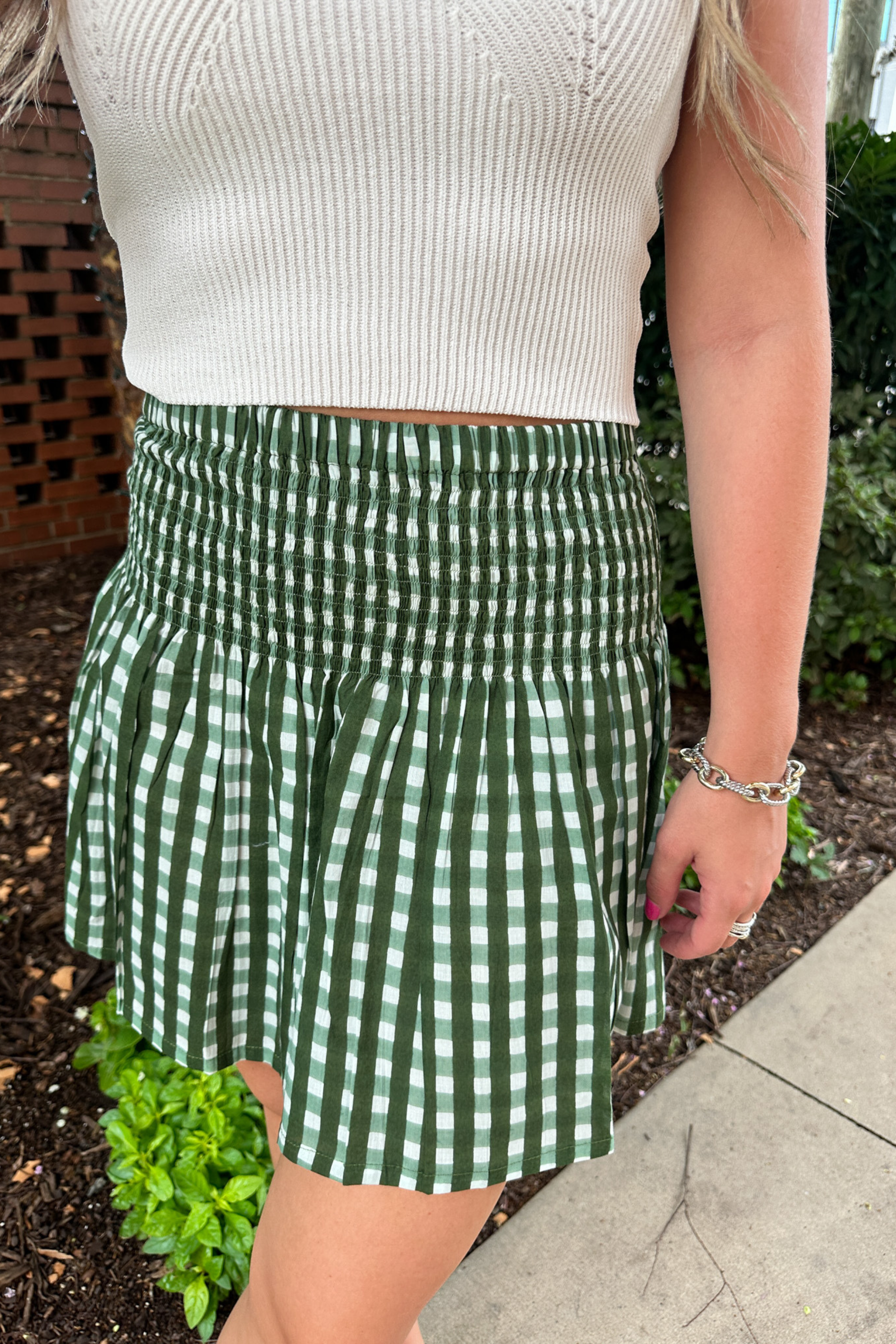 Sandy Smocked Mini Skirt - Gingham Olive