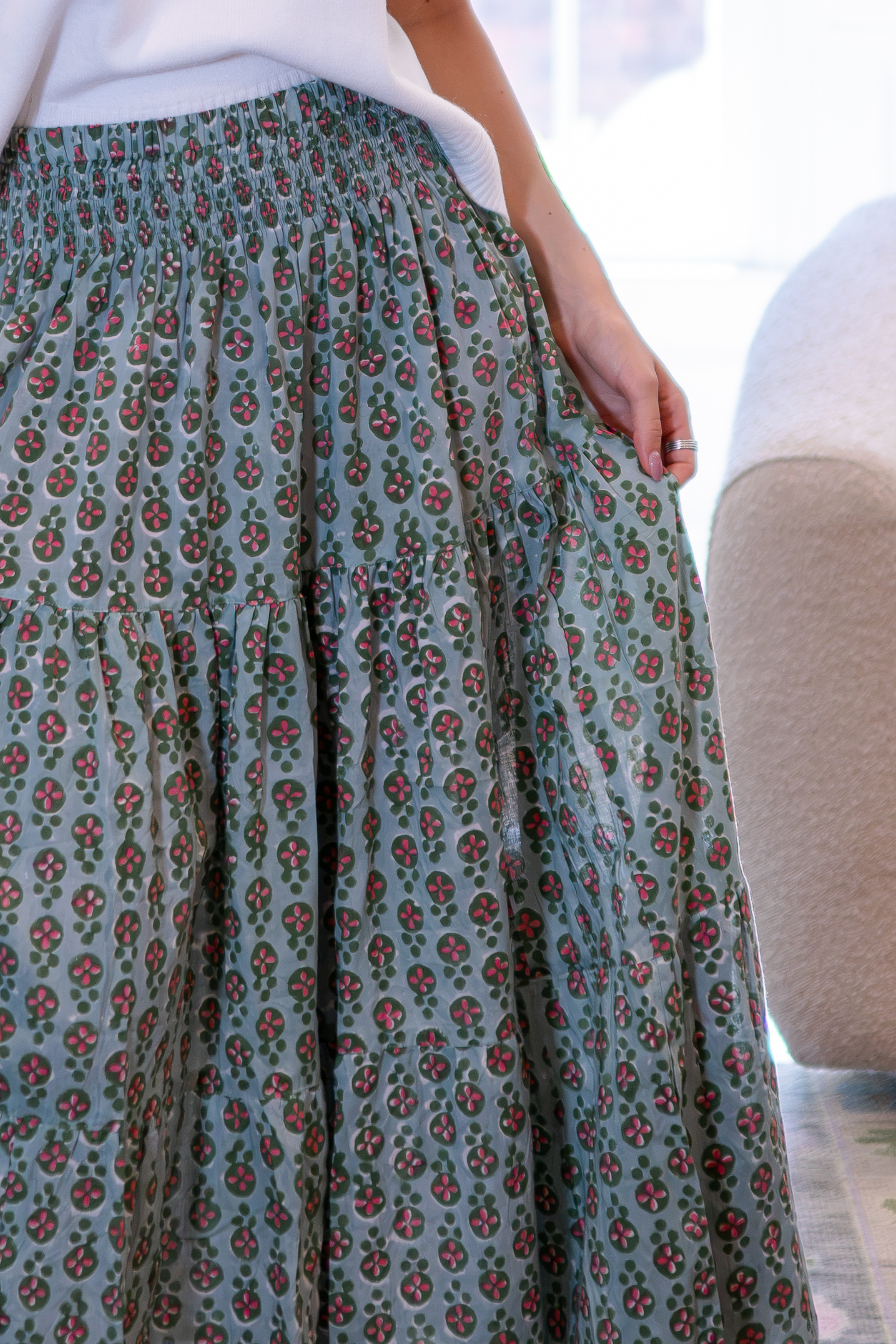 Lucy Blockprint Midi Skirt - Clover Green Pink
