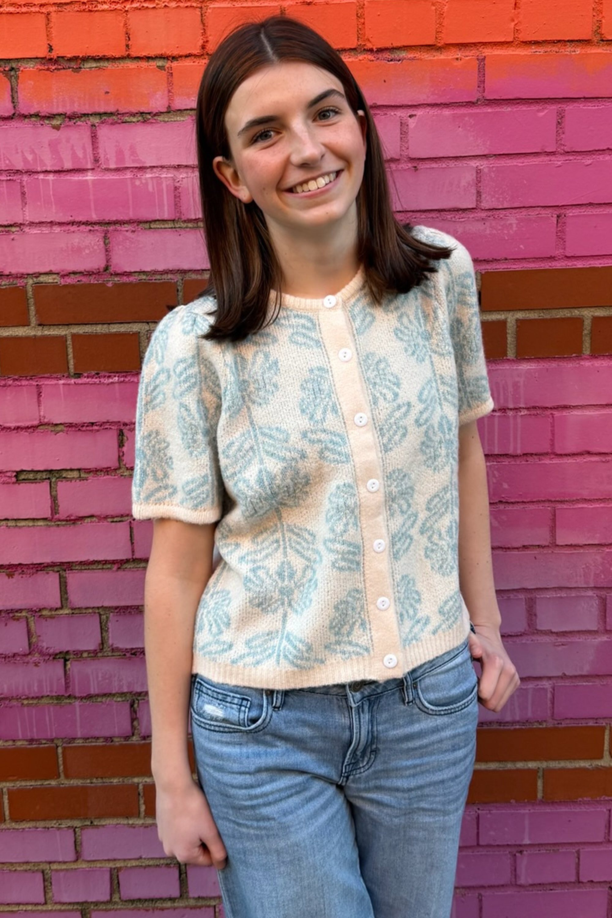 Nara Floral Short Sleeve Cardigan - Retro Blue