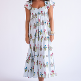 Abby Fall Sweetheart Maxi Dress - Pinstripe Floral Light Blue