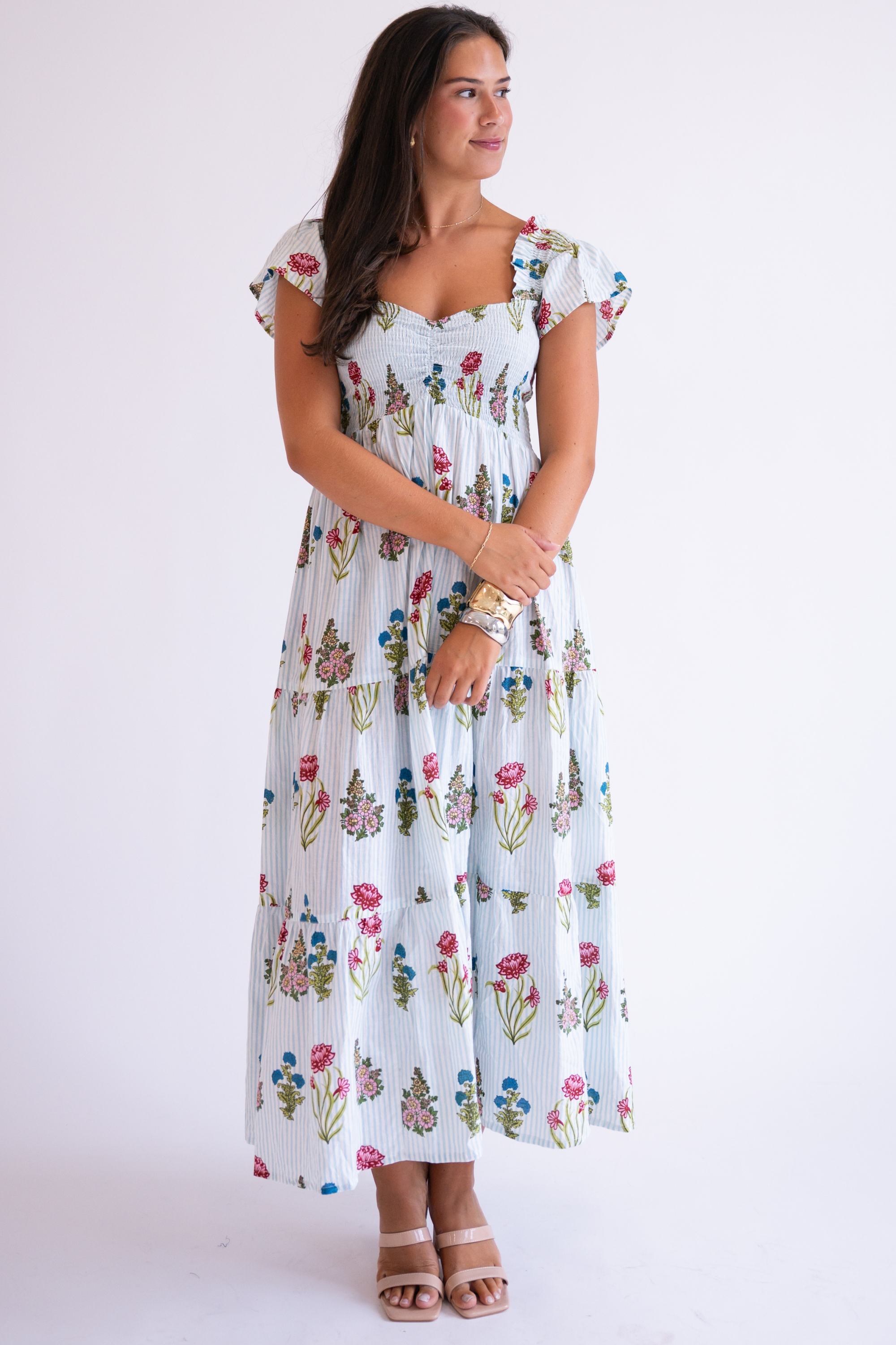 Abby Fall Sweetheart Maxi Dress - Pinstripe Floral Light Blue