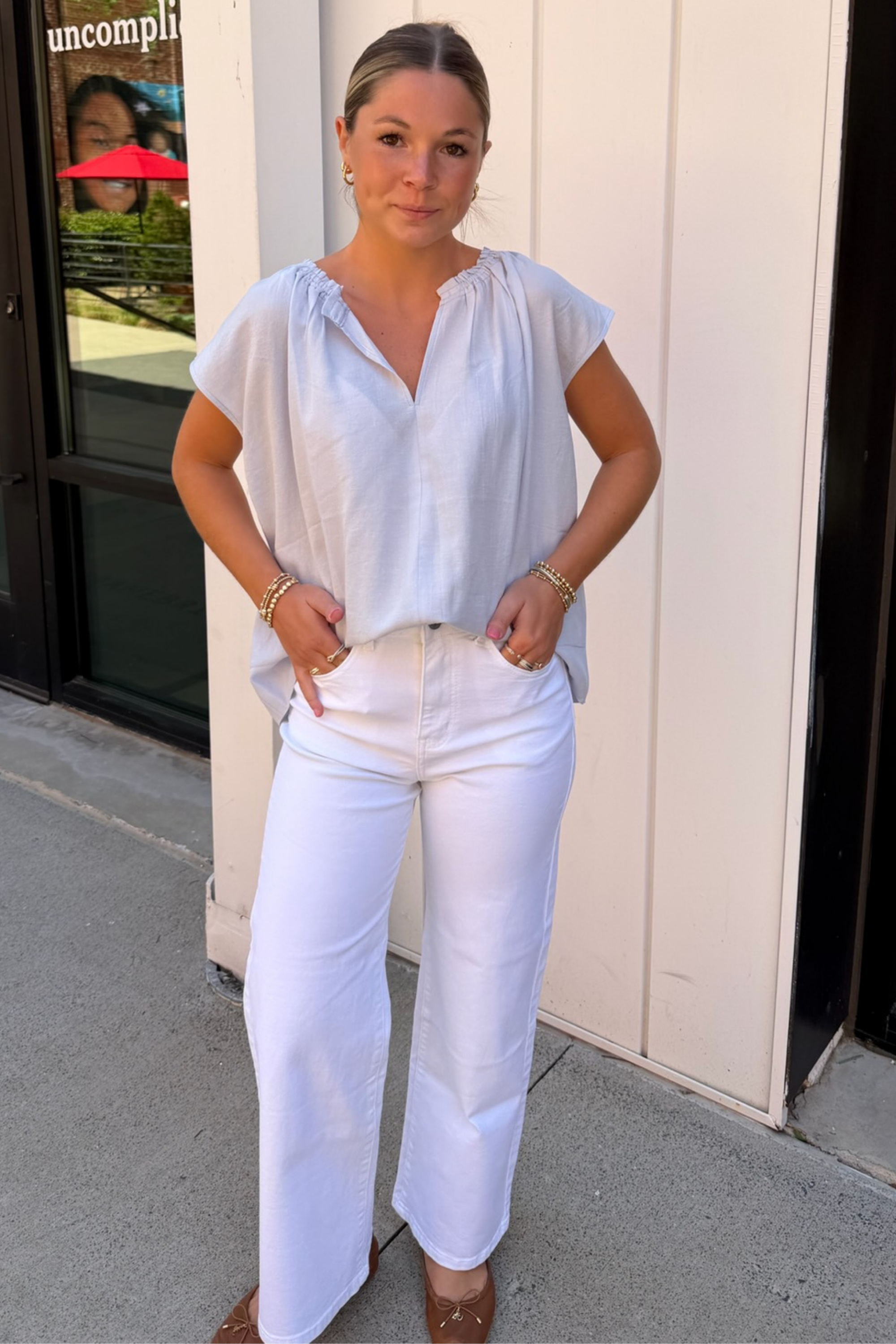 Gina Simple Vneck Blouse - Steel Blue