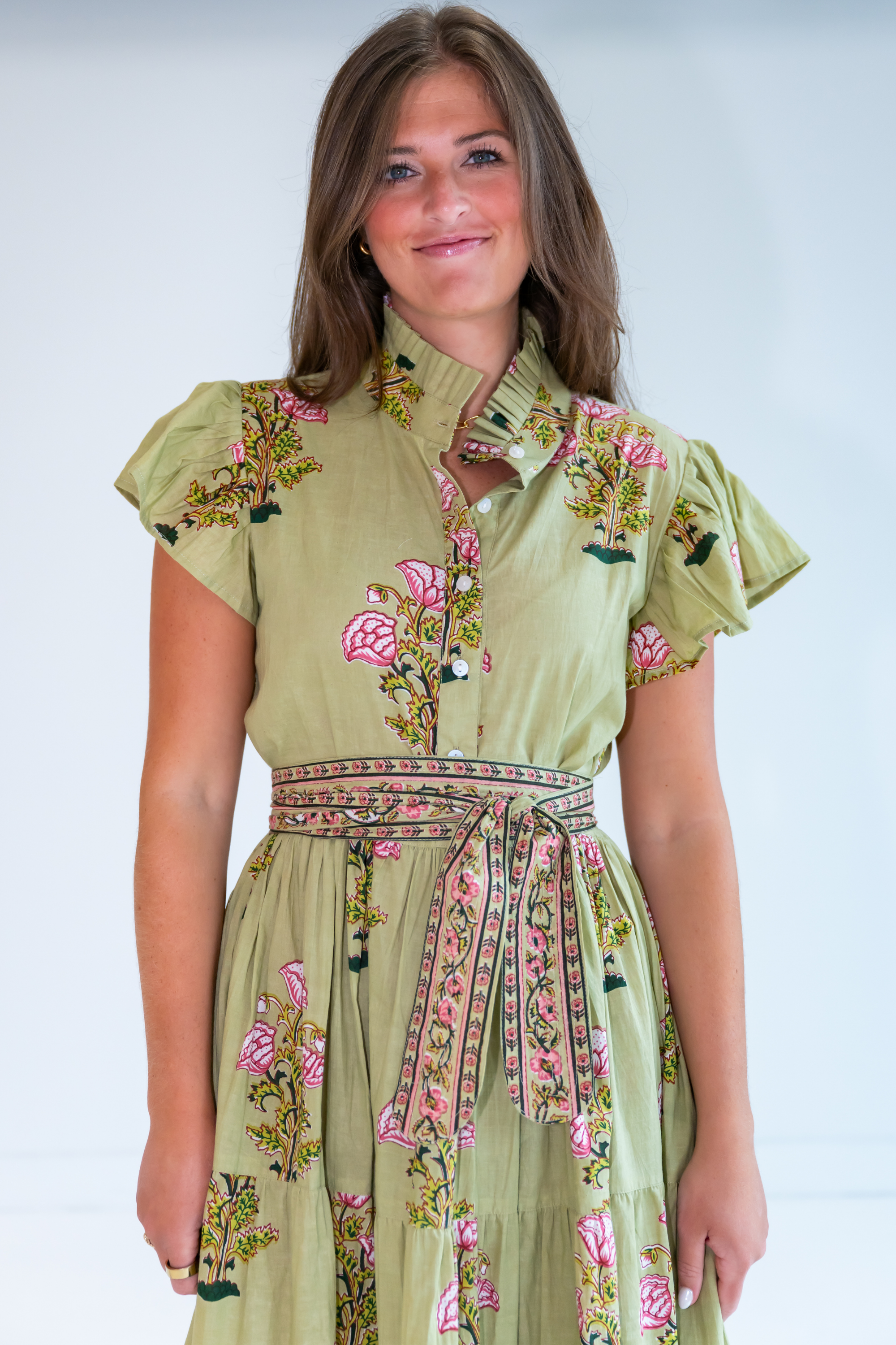 Louise Belted Short Sleeve Maxi Dress - Buta Khaki