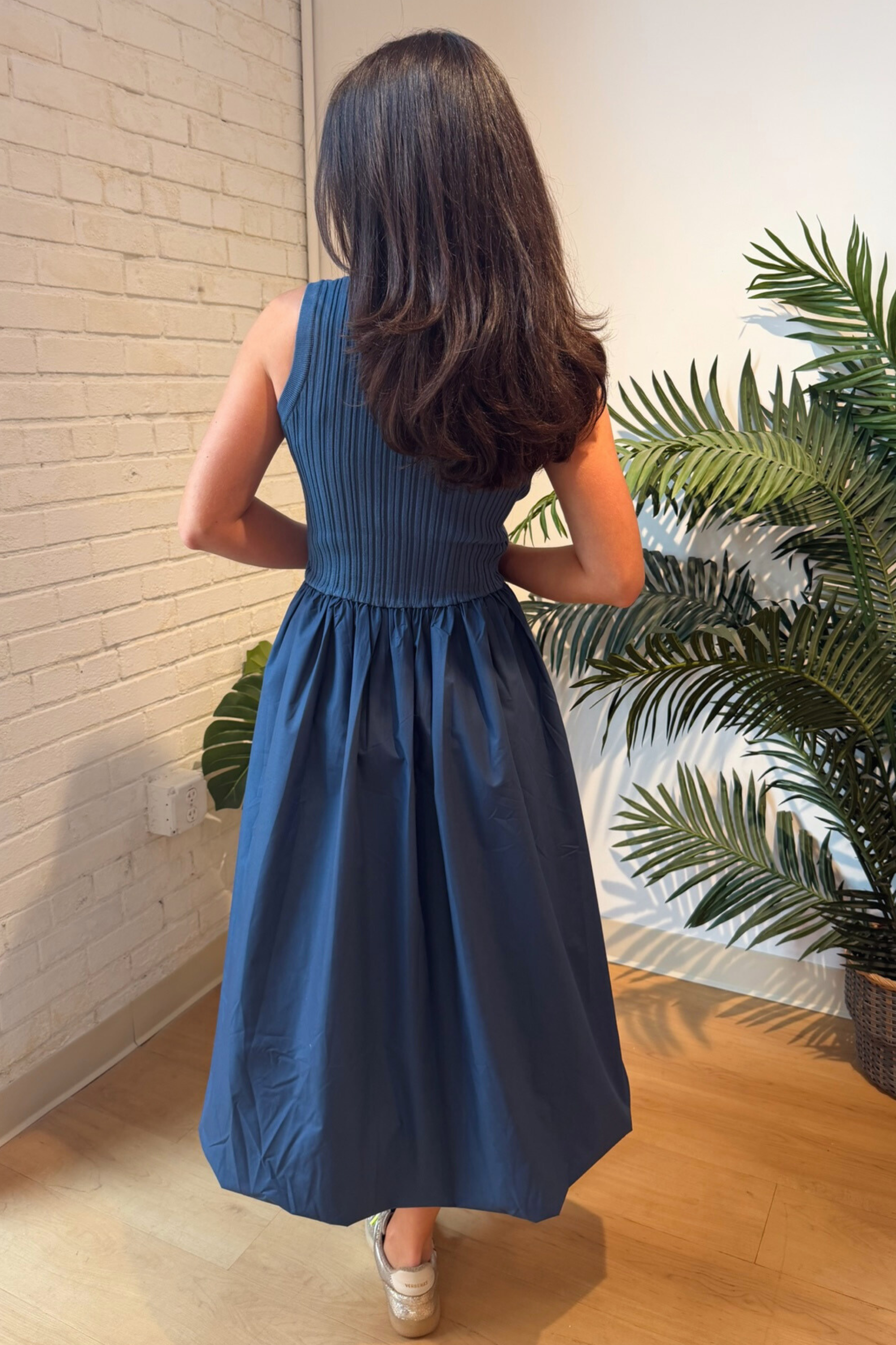 Contrast Bubble Hem Midi Dress - Dusty Blue