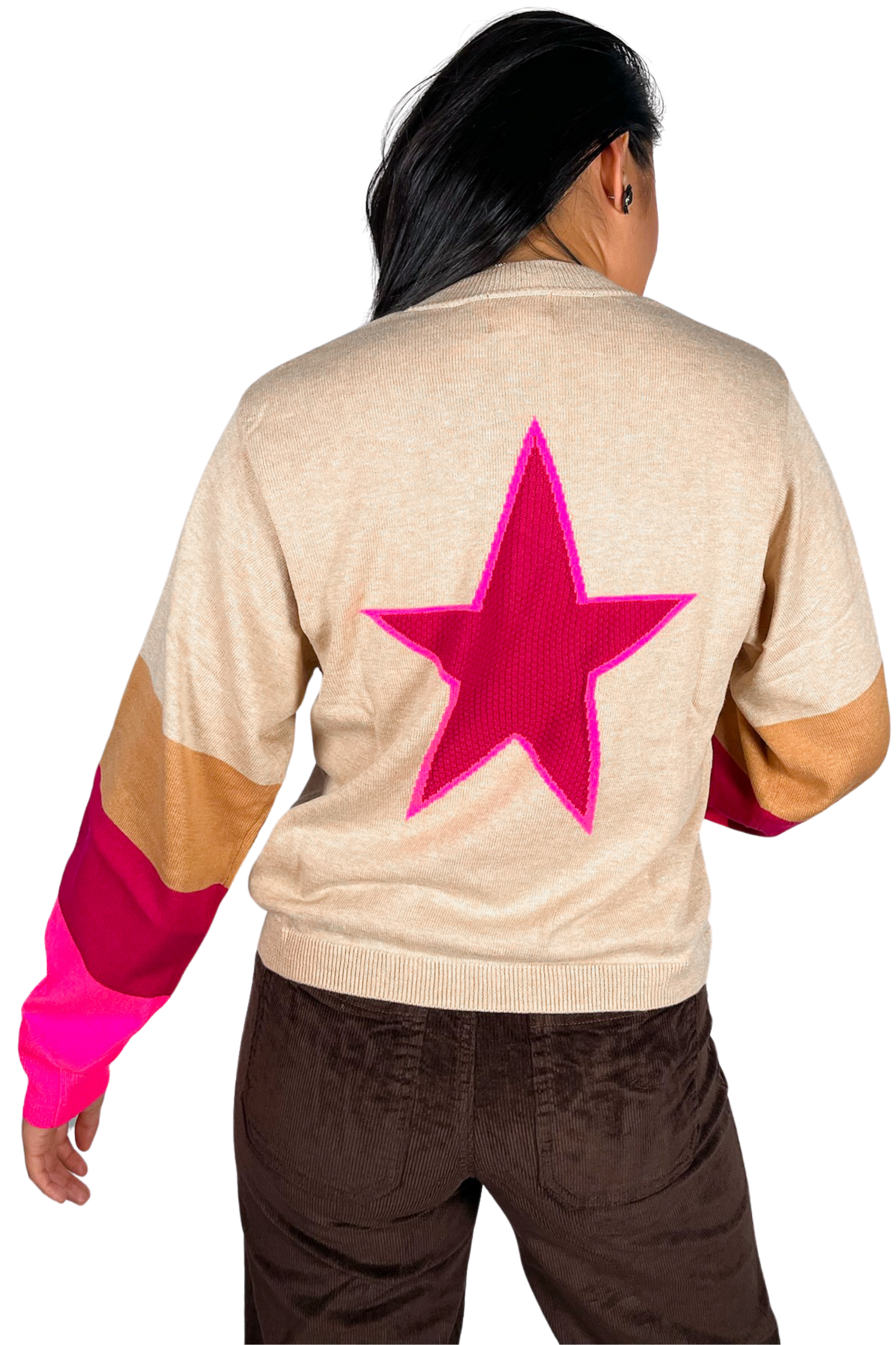 Sophie Duel Color Star Back Sweater - Camel/Pink