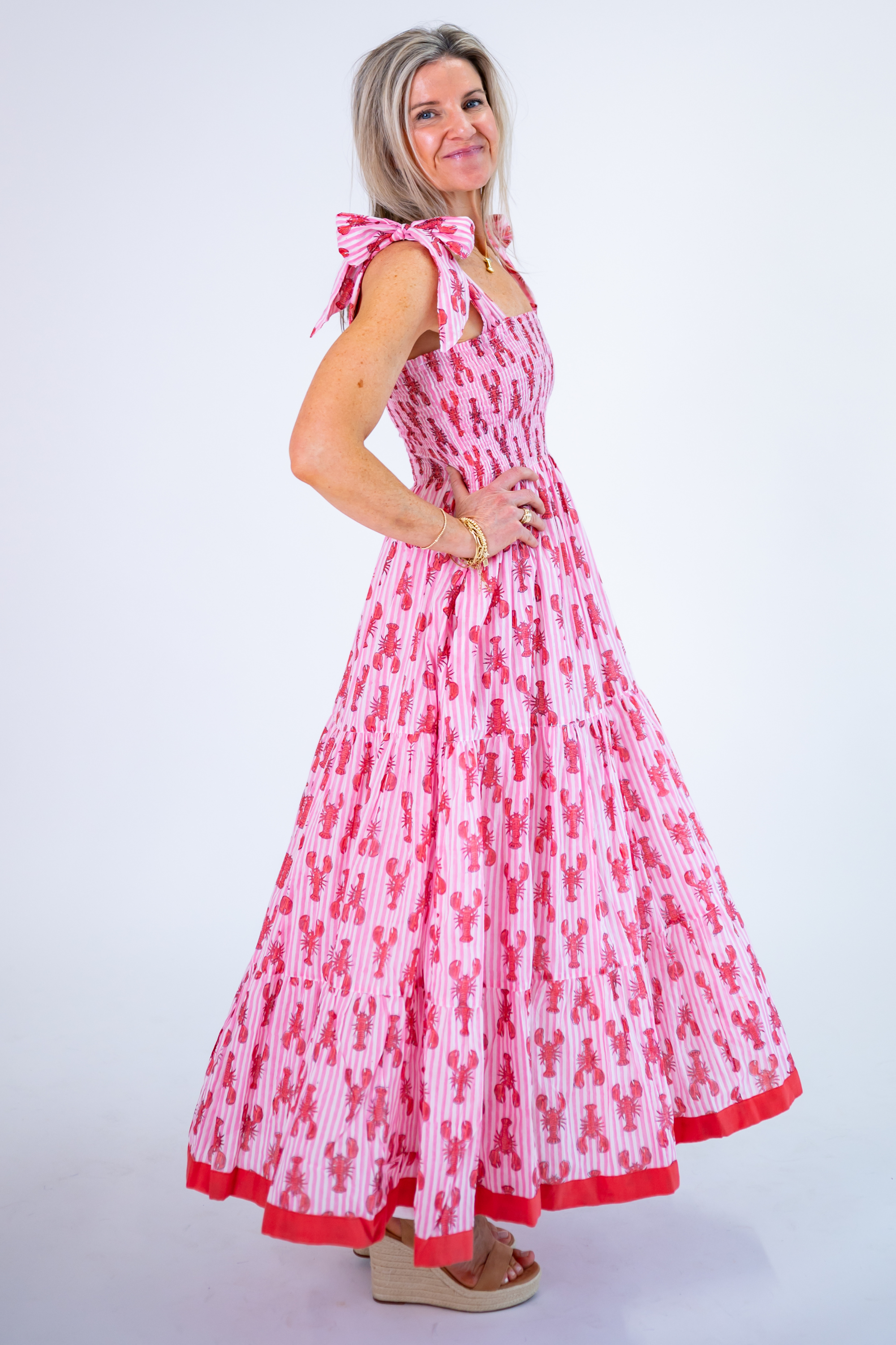 Joy Bow Maxi Dress - Coral Lobsters/Pink Stripe