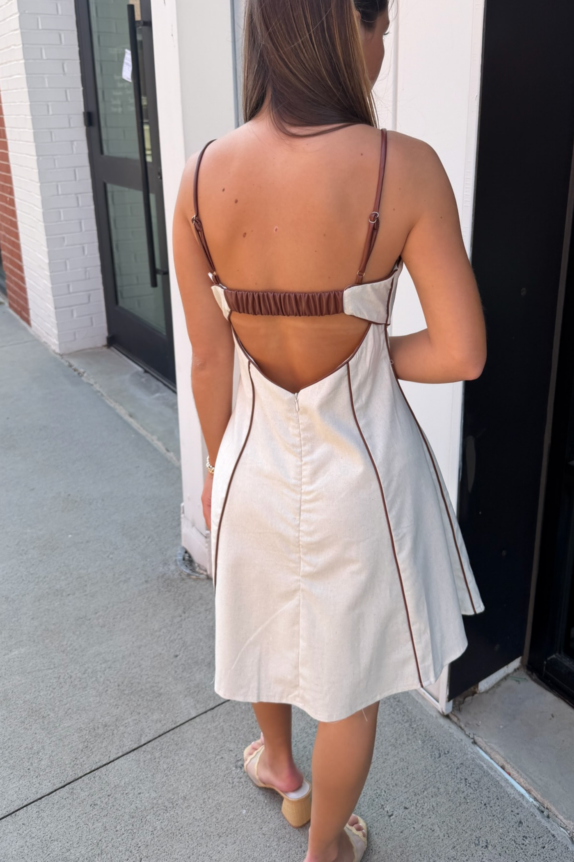 Arya Two-Tone Linen Mini Dress - Linen/Brown