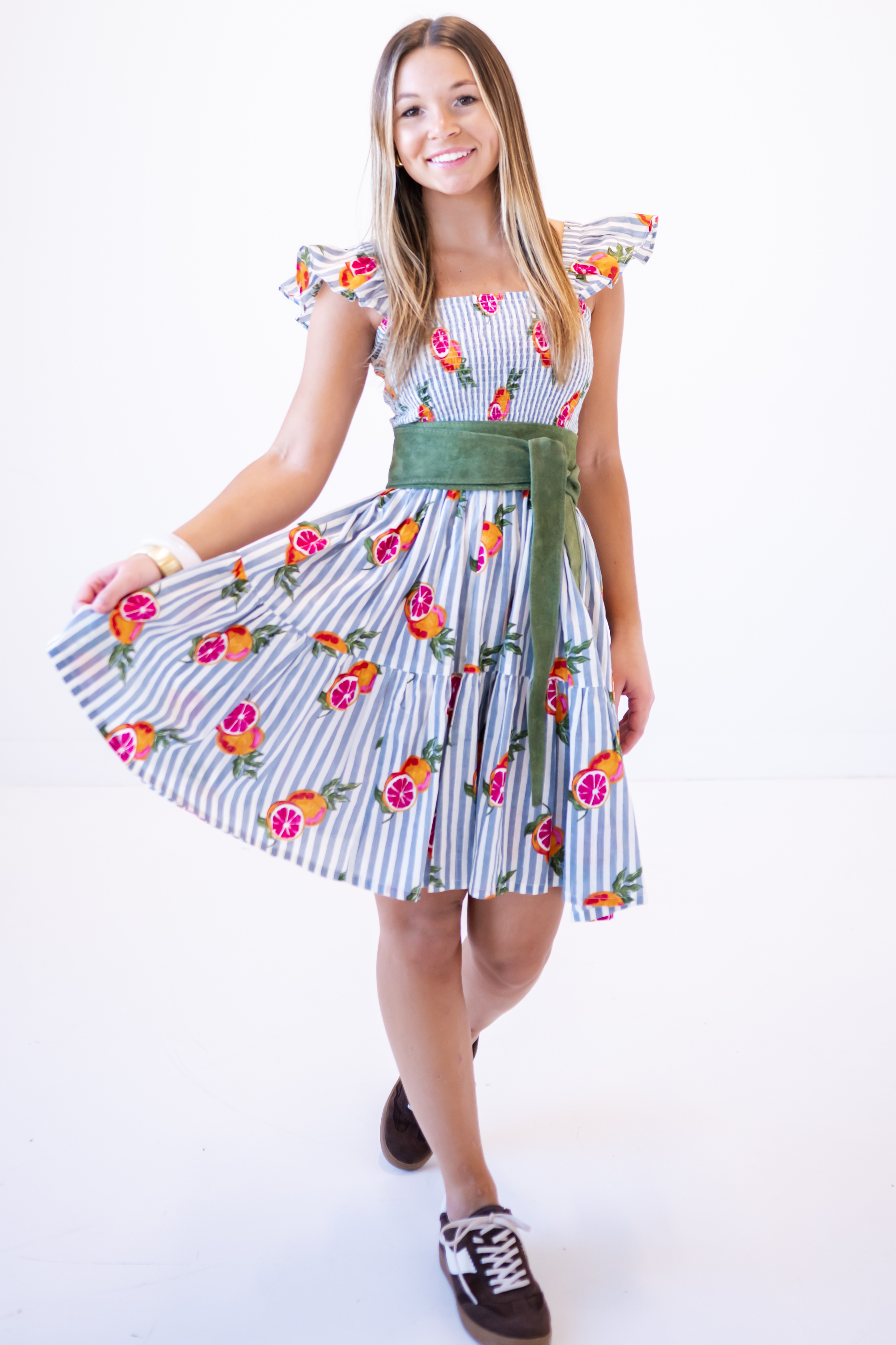 Charlie Smocked Mini Dress - Grapefruit Stripe Blue