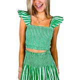 Charlie Smocked Flutter Top - Green Stripe