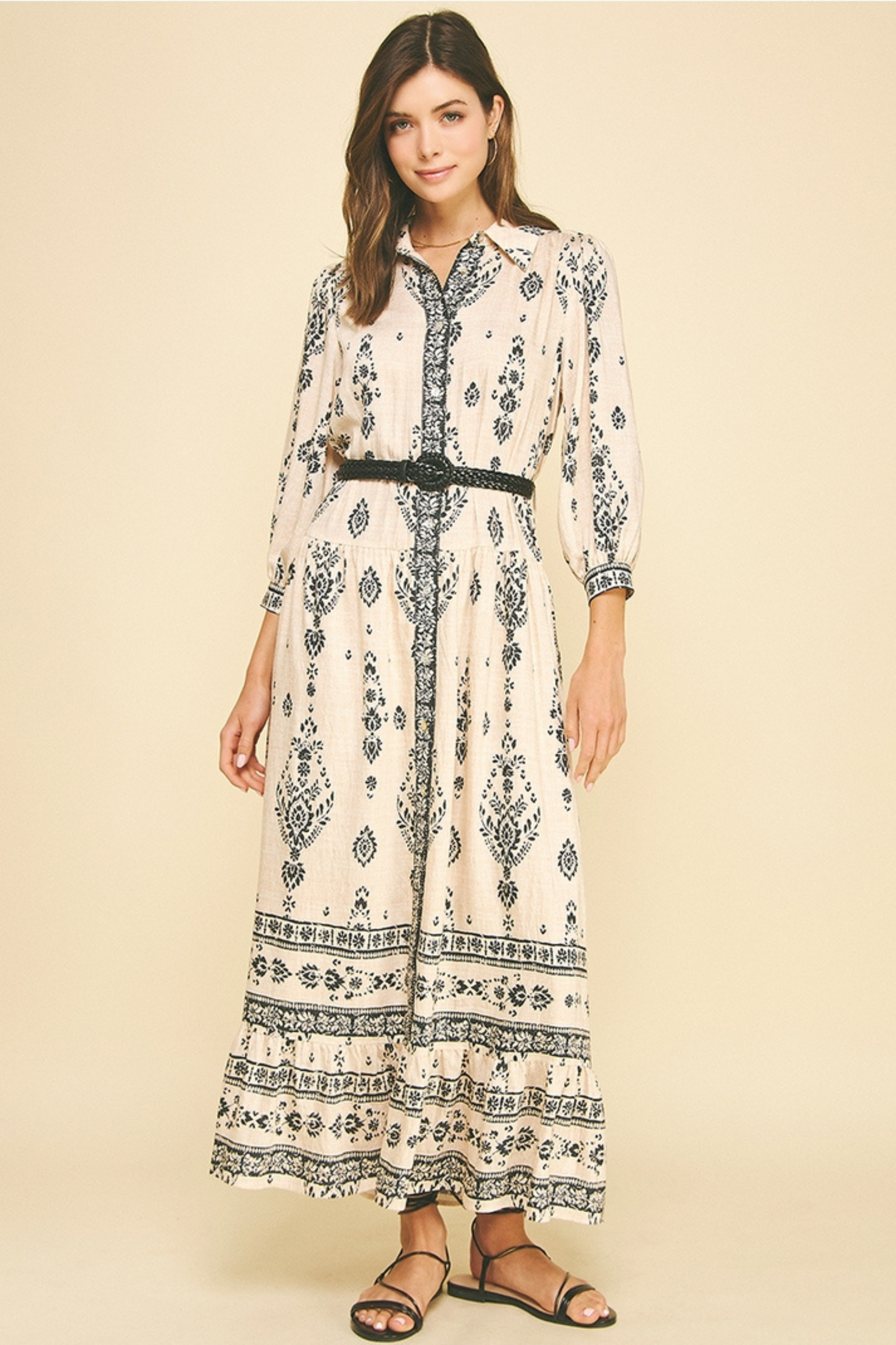 Toni Printed Belted Maxi Dress - Cream