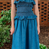 Demi Ruffled Midi Dress - Denim