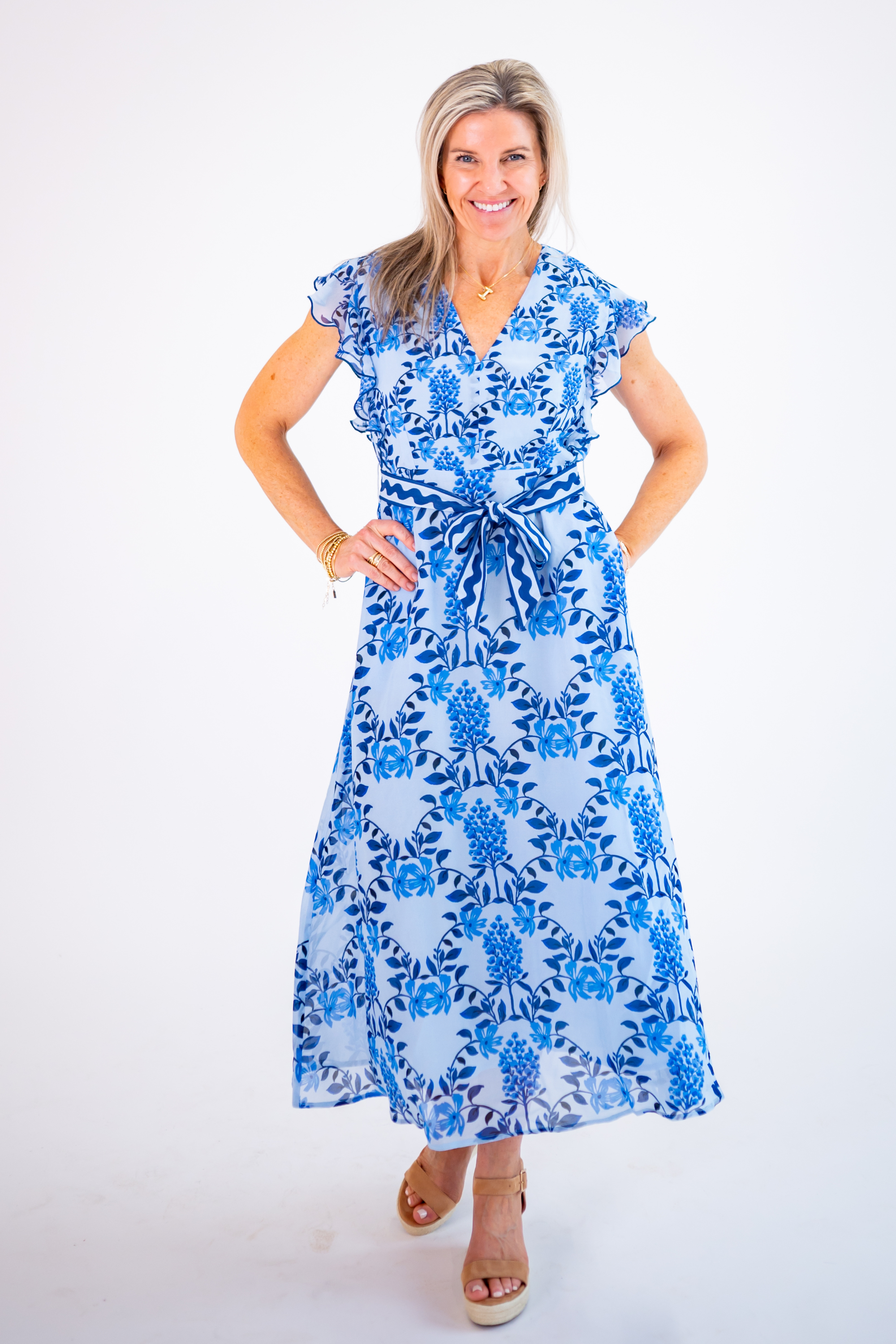 Caroline Belted Midi Dress - Blue Blossom