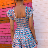 Lil Smocked Mini Dress - Daisy Trellis Cornflower