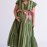 Louise Flutter Sleeve Maxi Dress - Thick Stripe Olive
