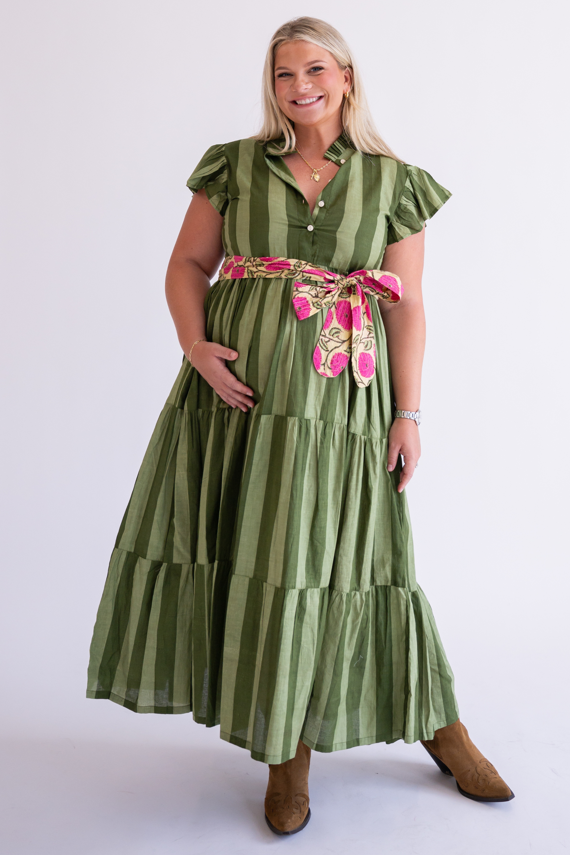 Louise Flutter Sleeve Maxi Dress - Thick Stripe Olive