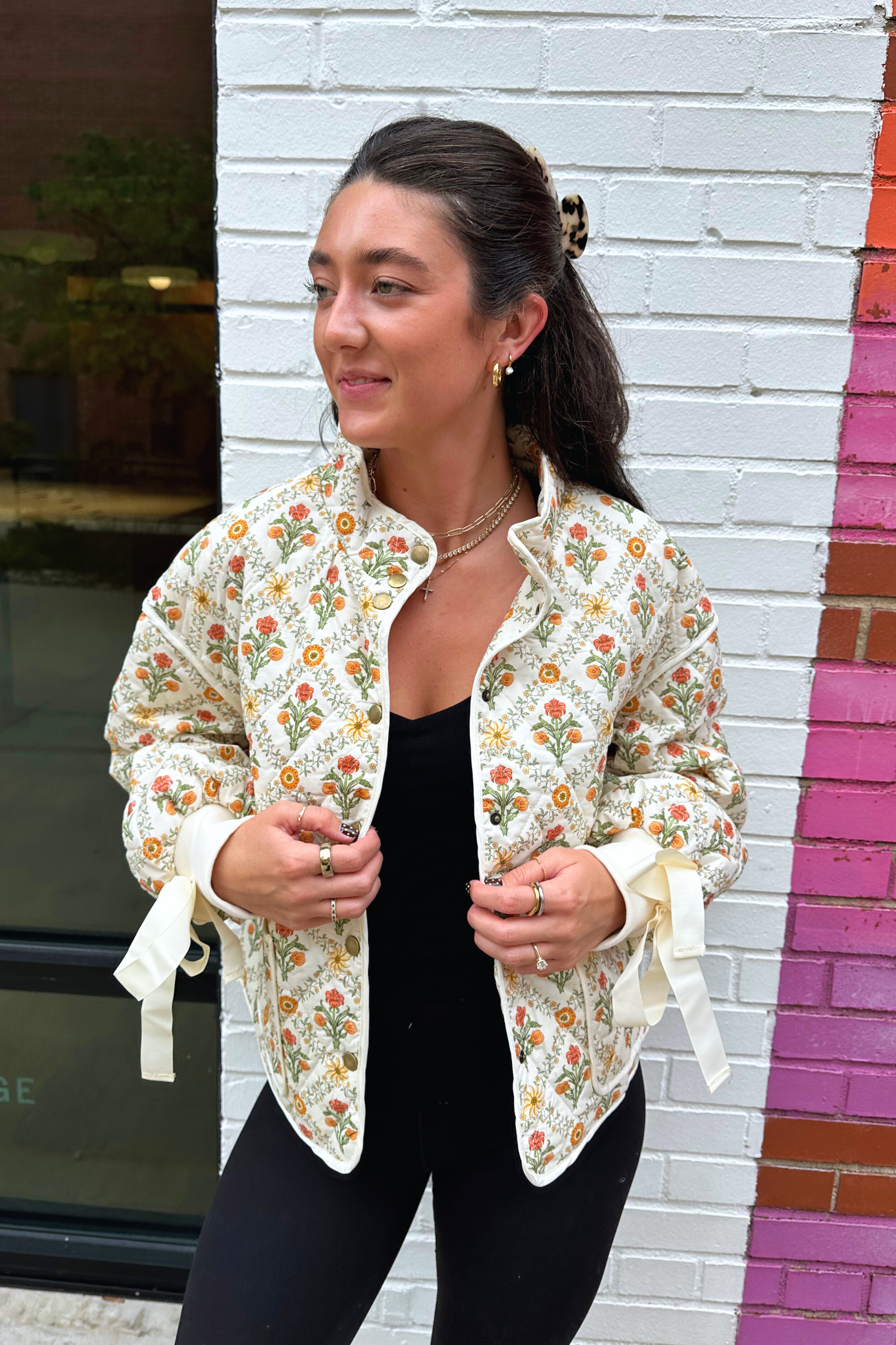 Trellis Floral Quilted Jacket - Ivory/Orange