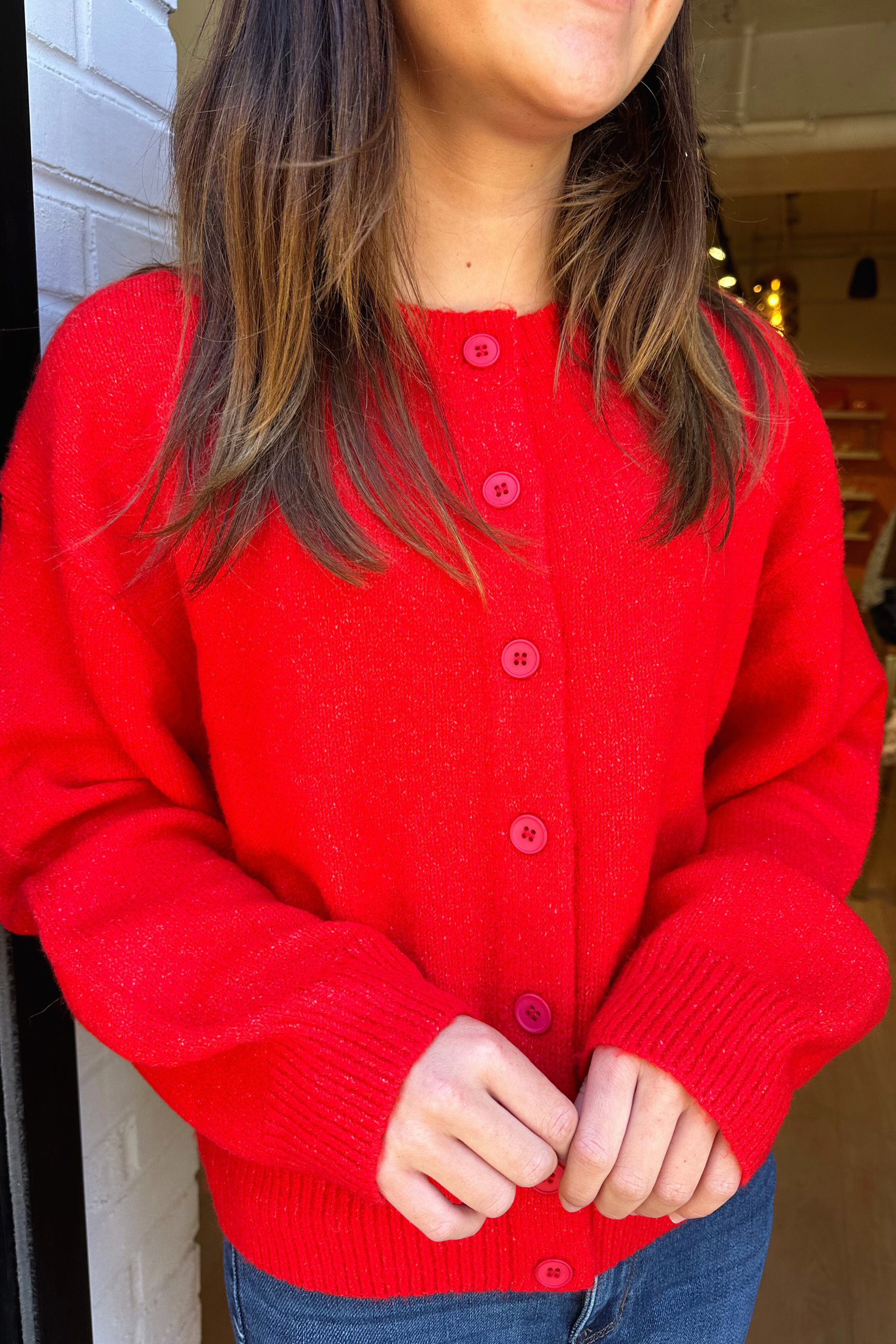 Mary Knit Button Up Cardigan Sweater - Red