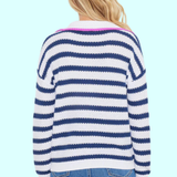Polo Collared Stripe Sweater - White/Navy Blue