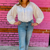 Austin Embroidery Detail Long Sleeve Blouse - White