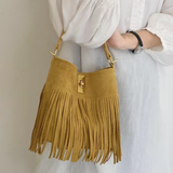 Greta Suede Fringe Bucket Bag - Mustard
