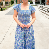 Tina Smocked Crop Top - Peri Teal Daisy