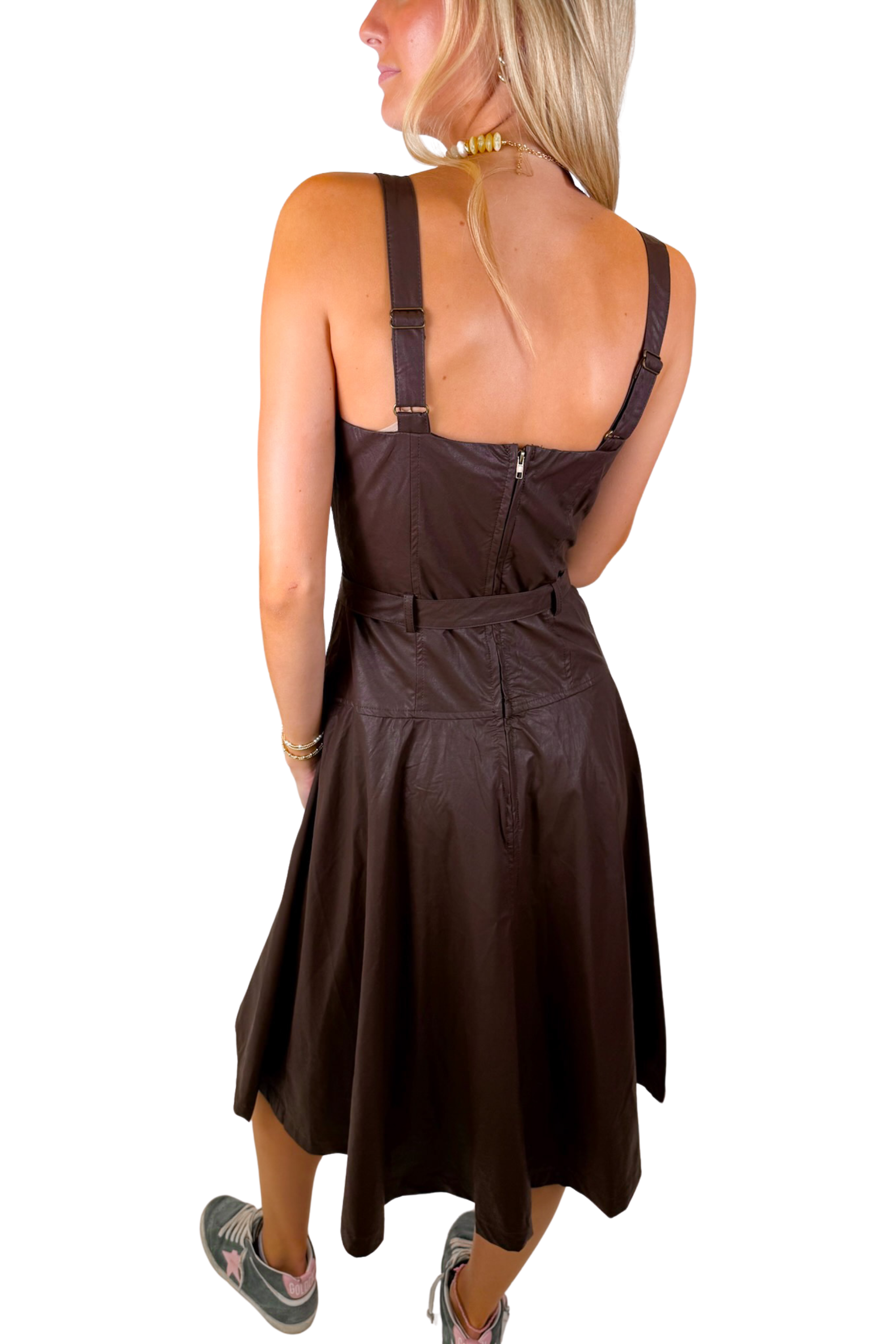 Cocoa Faux Leather Midi Dress - Chocolate