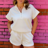 Noa Quarter Zip Short Sleeve Top - Cream