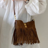 Greta Suede Fringe Bucket Bag - Brown