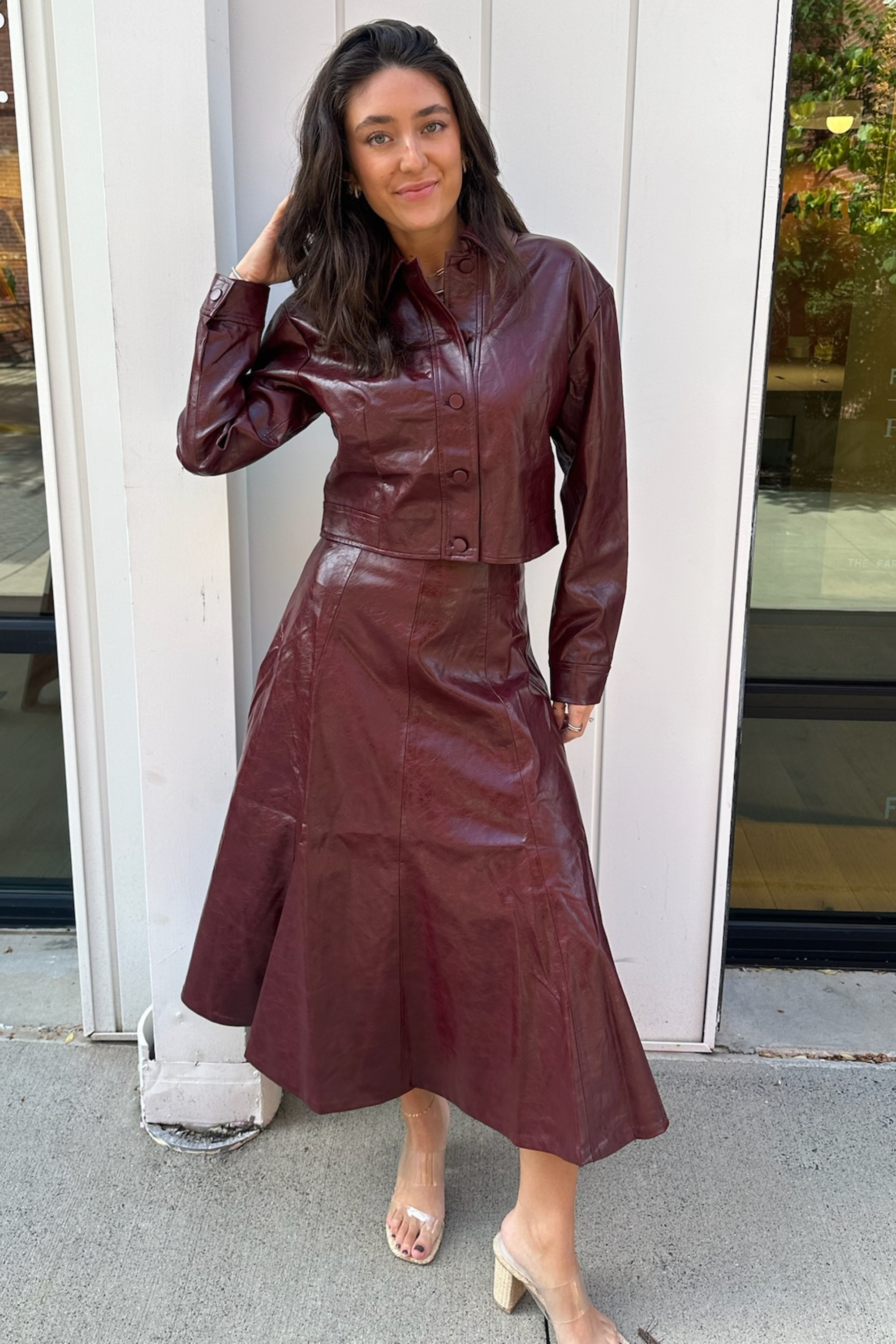 Oleska Faux Leather Midi Skirt - Burgundy