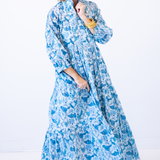 Esther 3/4 Sleeve Blockprint Maxi Dress - Blue Bird