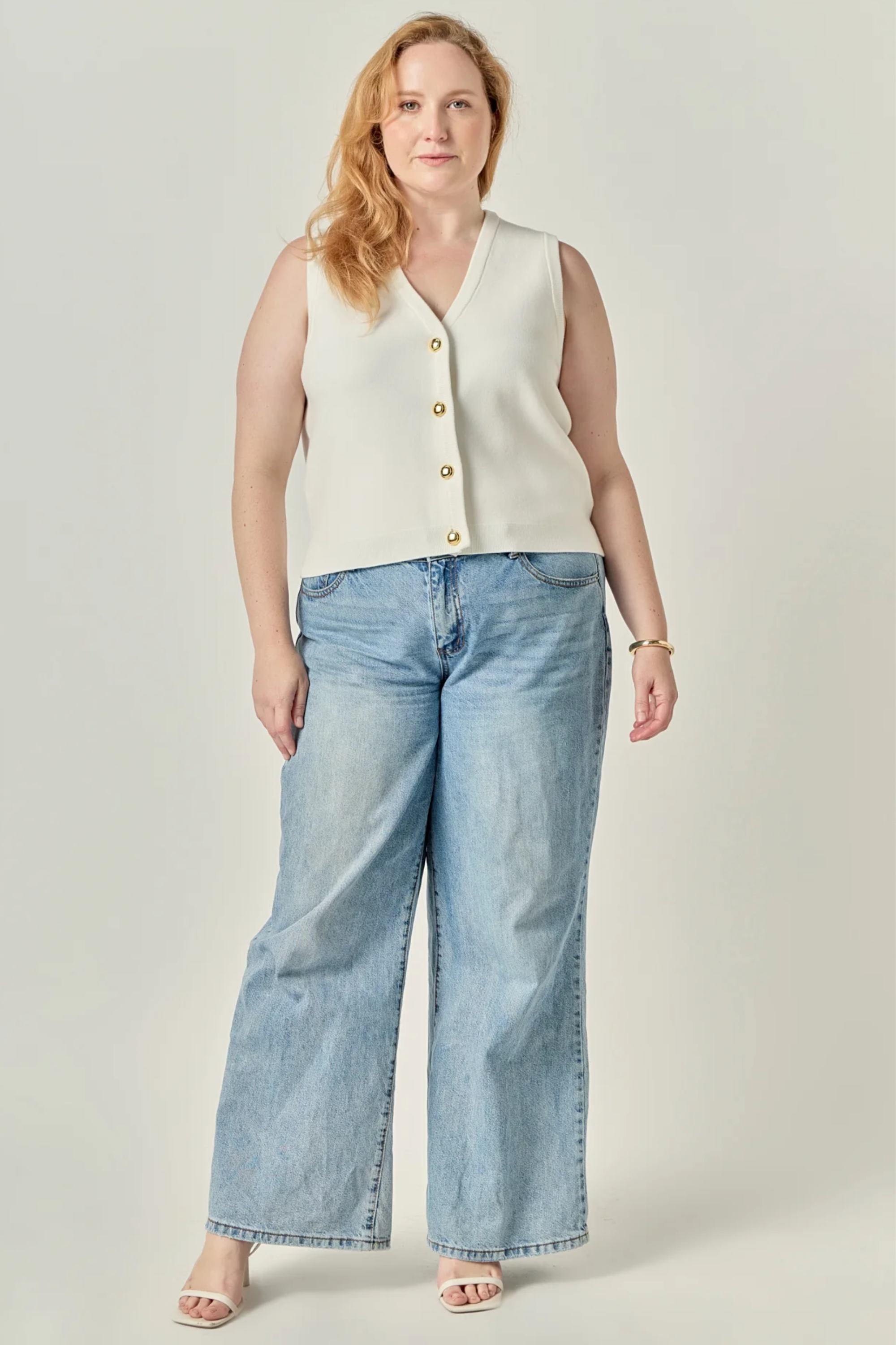 Gold Button Knit Vest - Cream
