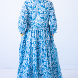 Esther 3/4 Sleeve Blockprint Maxi Dress - Blue Bird