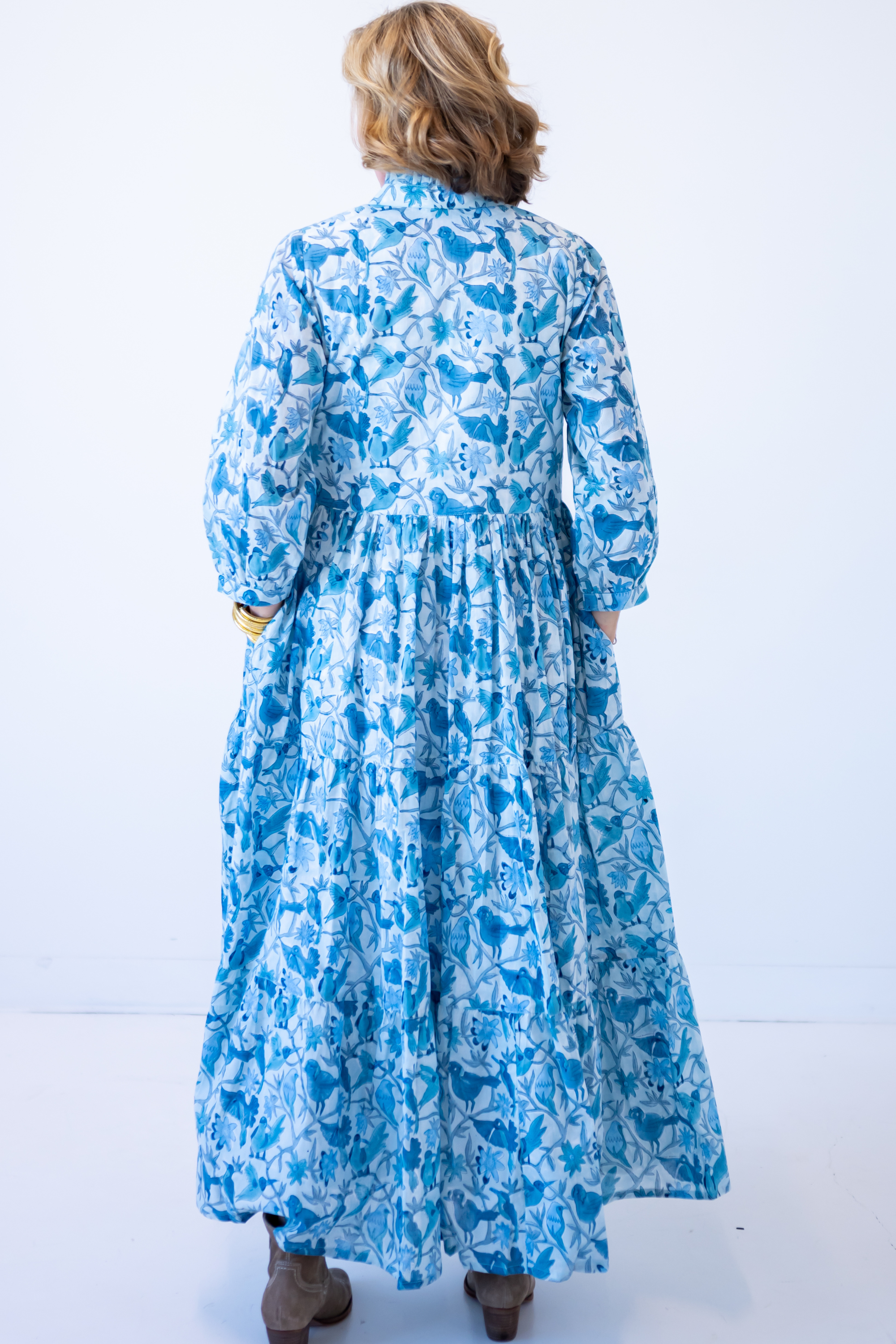 Esther 3/4 Sleeve Blockprint Maxi Dress - Blue Bird
