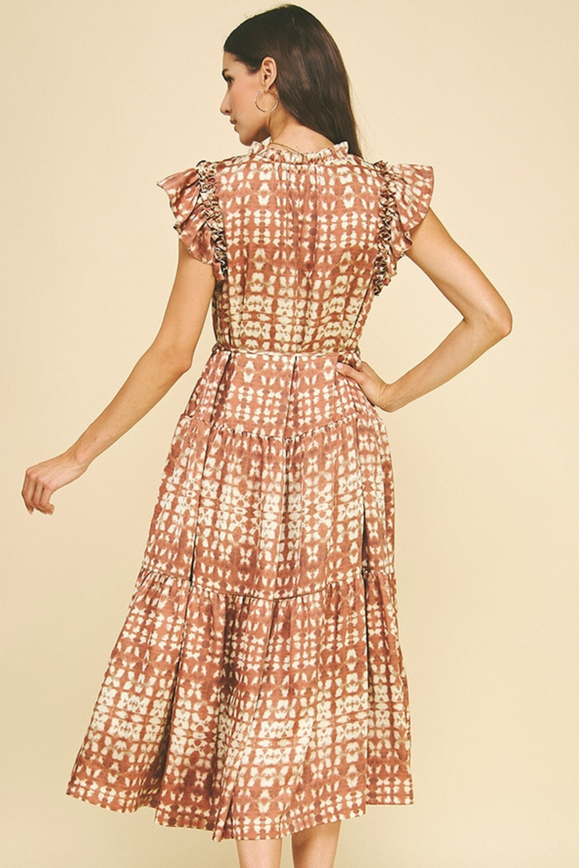 Cara Printed Midi Dress - Red Brown