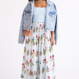 Britt Fall Smocked Midi Skirt - Pinstripe Floral Light Blue