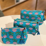 Coco Set of 3 Cosmetic Bags - Bright Blue Pink Flower