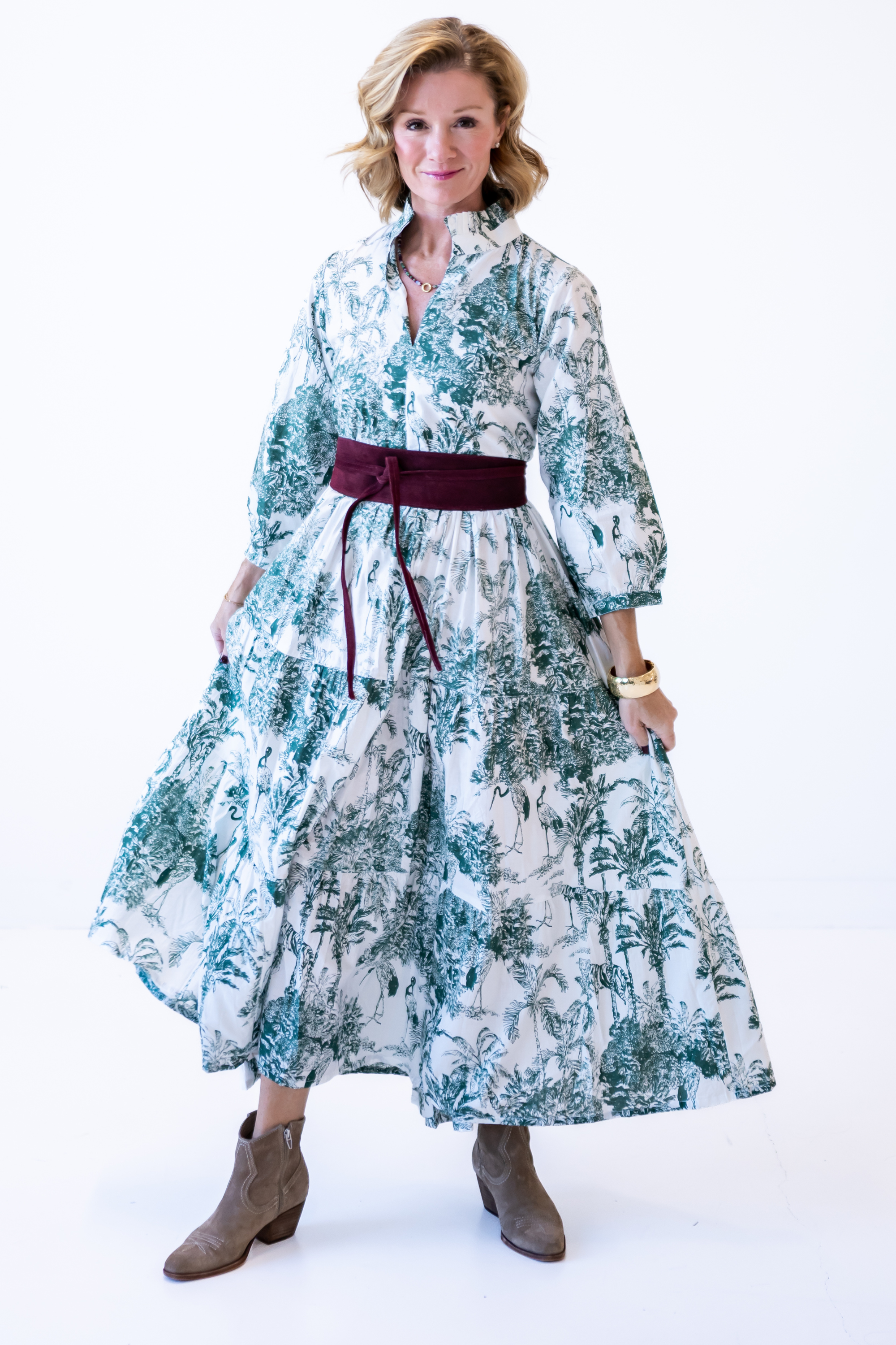 Esther 3/4 Sleeve Blockprint Maxi Dress - Toile Dark Green