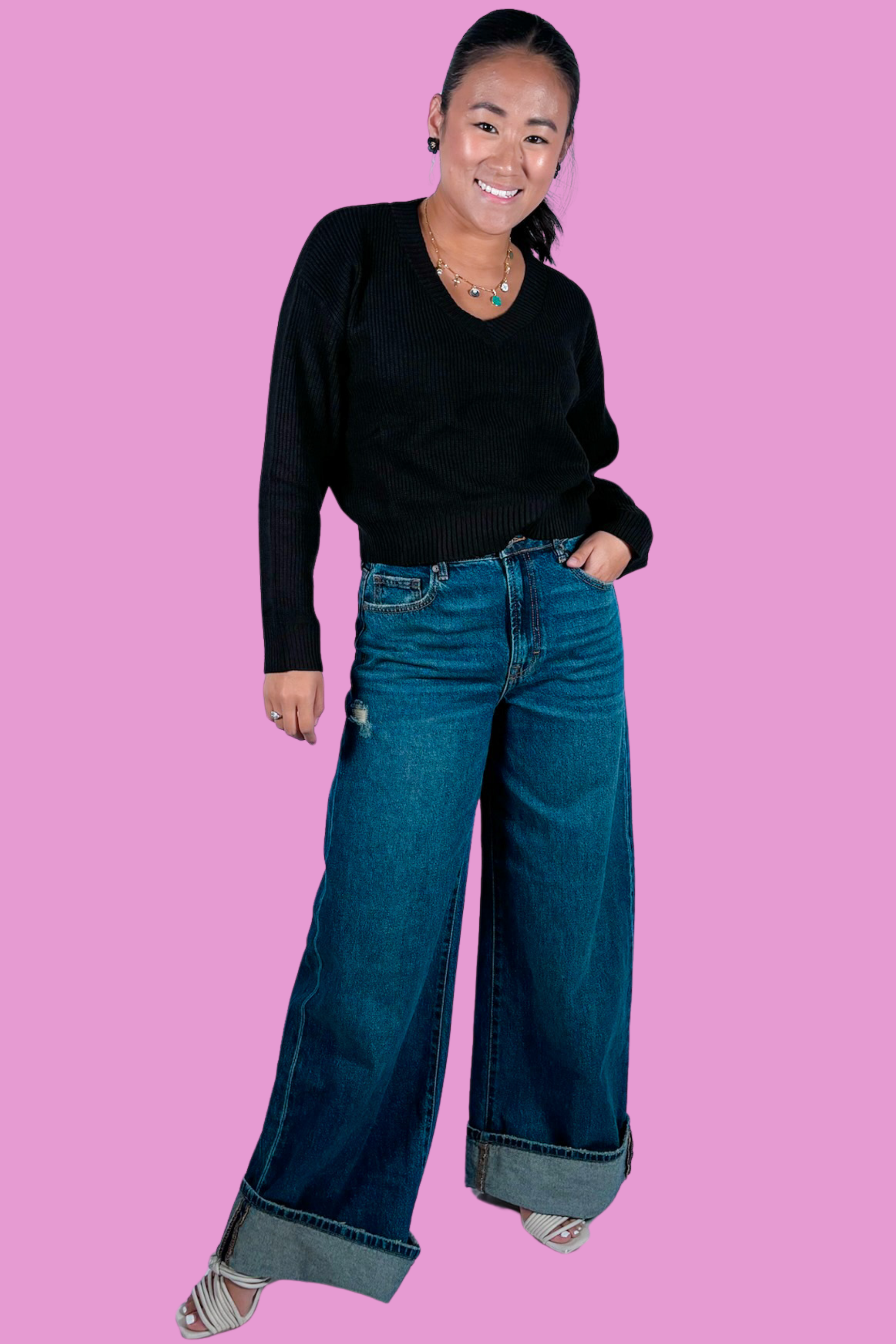 Super Wide Leg Cuffed Jean - Dark Denim